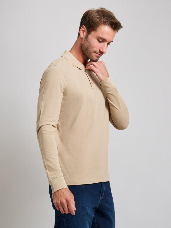 Beverly Hills Polo Club UK-MODERN SLIM FIT LONG SLEEVED POLO SHIRT DESERT SAND