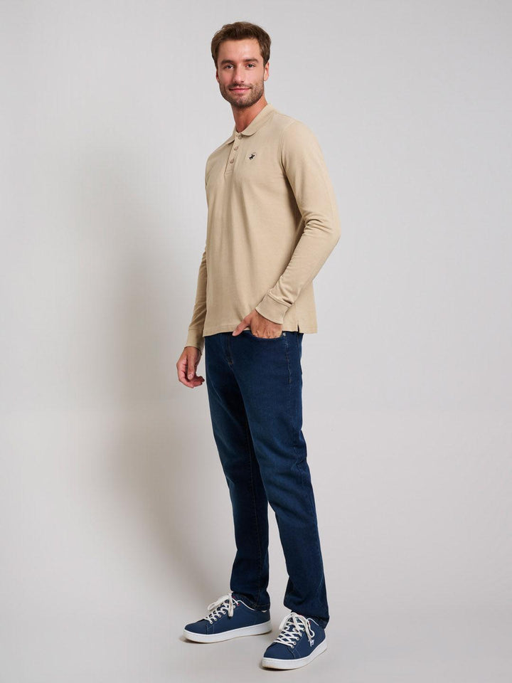 Beverly Hills Polo Club UK-MODERN SLIM FIT LONG SLEEVED POLO SHIRT DESERT SAND