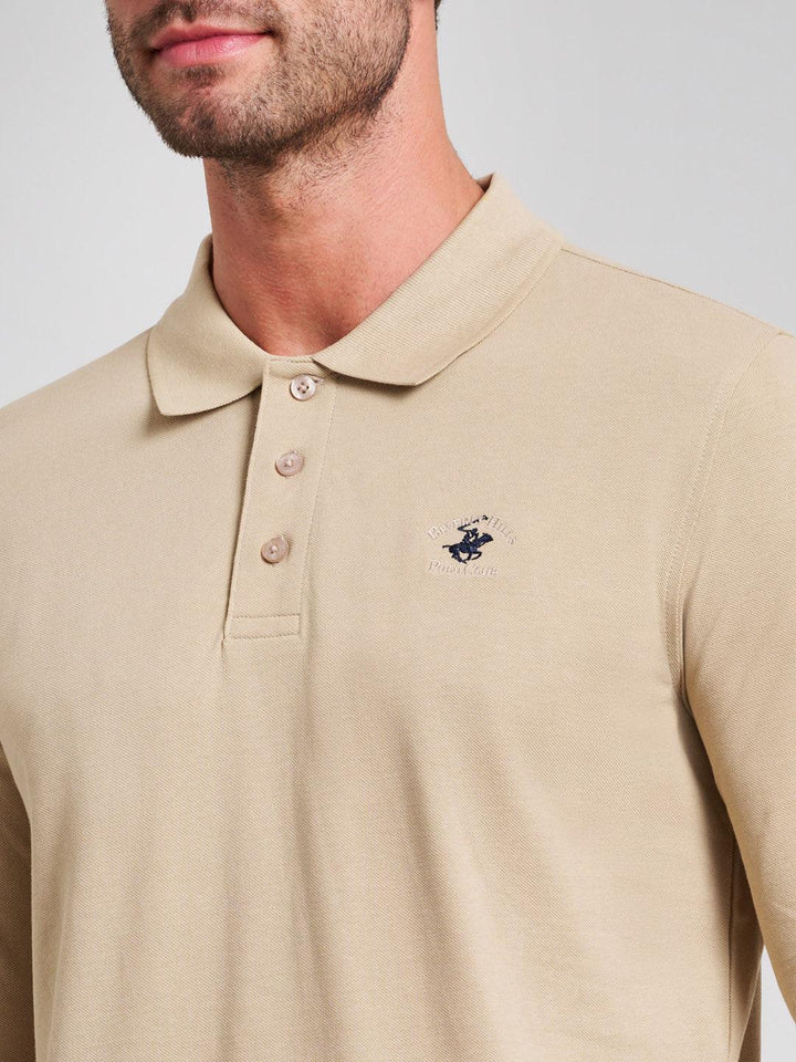 Beverly Hills Polo Club UK-MODERN SLIM FIT LONG SLEEVED POLO SHIRT DESERT SAND