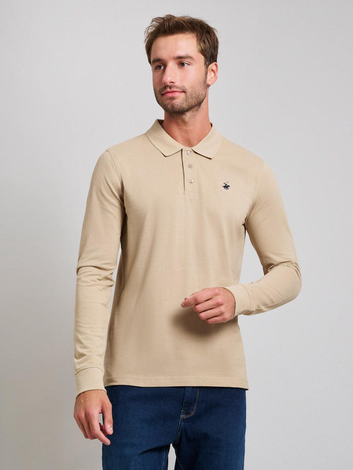 Beverly Hills Polo Club UK-MODERN SLIM FIT LONG SLEEVED POLO SHIRT DESERT SAND