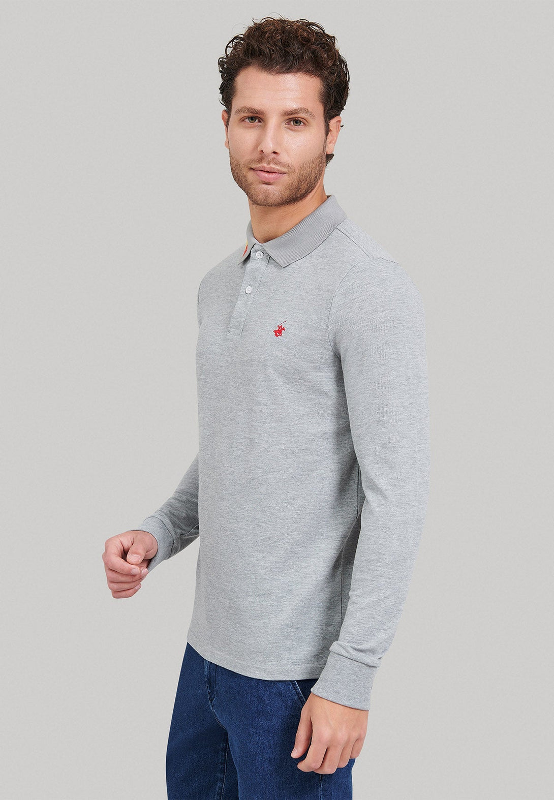 Beverly Hills Polo Club UK-MULTICOLOUR BHPC COLLAR LS POLO SHIRT GREY MELANGE