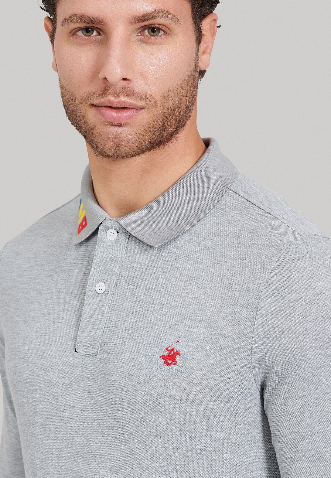 Beverly Hills Polo Club UK-MULTICOLOUR BHPC COLLAR LS POLO SHIRT GREY MELANGE