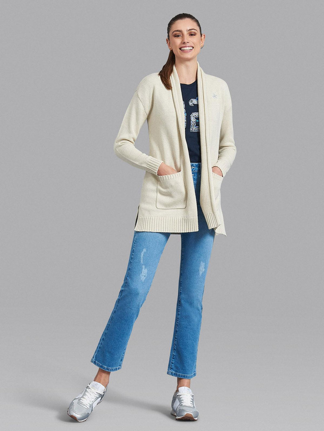 Beverly Hills Polo Club UK-OPEN ROLLED HEM CARDIGAN HEATHER OATMEAL