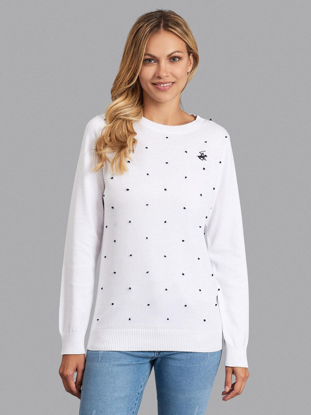 Beverly Hills Polo Club UK-POLKA DOT ESSENTIAL SWEATER WHITE