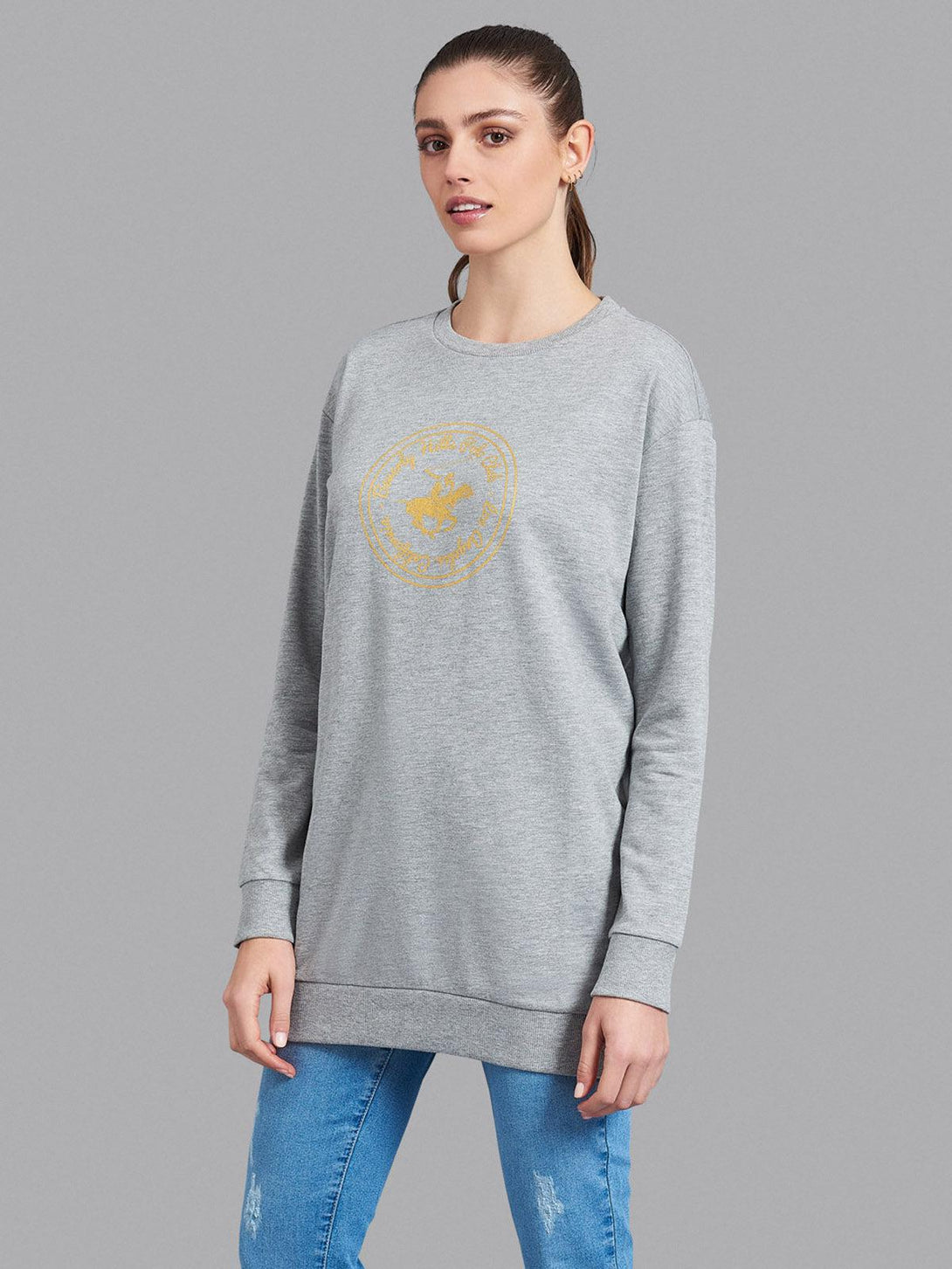 Beverly Hills Polo Club UK-POLO CLUB GRAPHIC SWEATSHIRT MINI DRESS GREY MELANGE