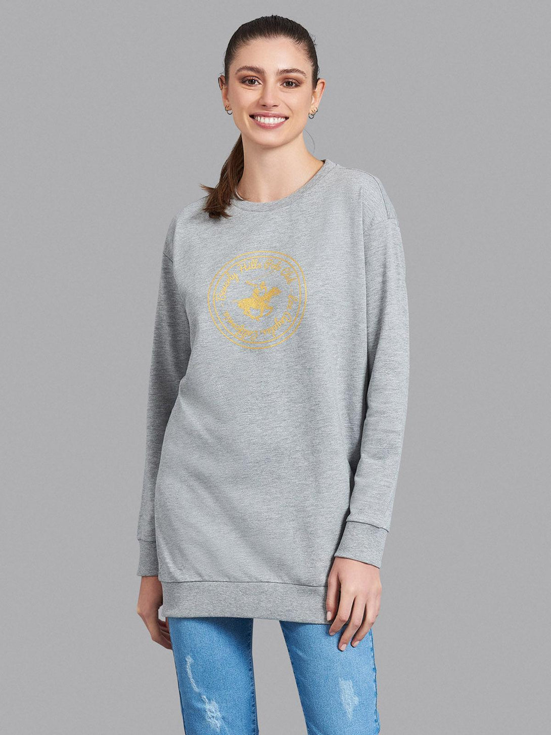 Beverly Hills Polo Club UK-POLO CLUB GRAPHIC SWEATSHIRT MINI DRESS GREY MELANGE