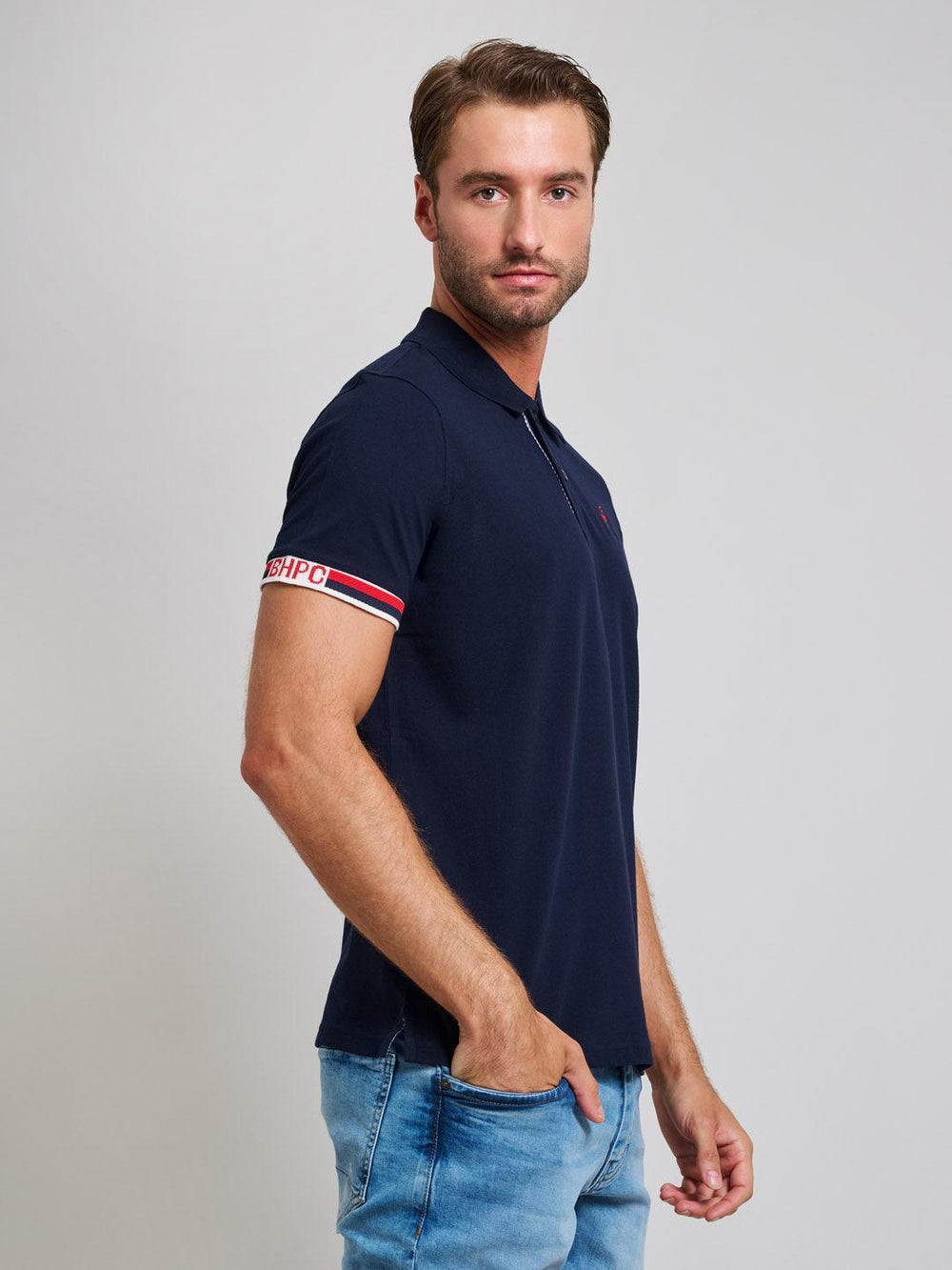 Beverly Hills Polo Club UK-RIBBED SLEEVE MODERN SLIM FIT POLO SHIRT DARK NAVY