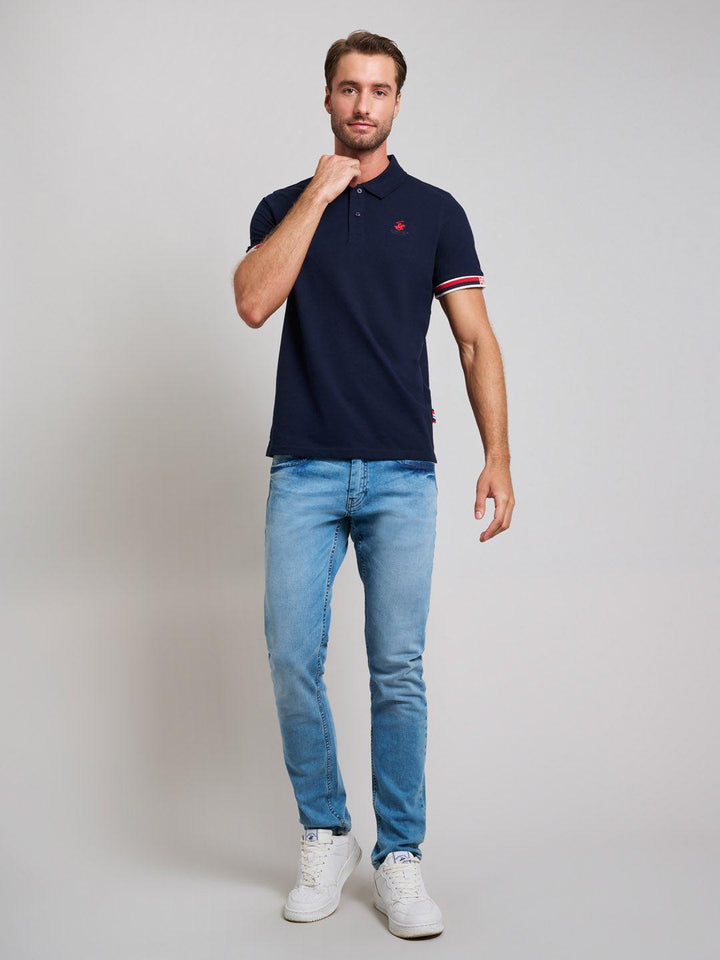 Beverly Hills Polo Club UK-RIBBED SLEEVE MODERN SLIM FIT POLO SHIRT DARK NAVY