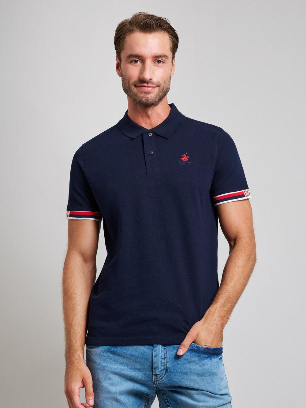 Beverly Hills Polo Club UK-RIBBED SLEEVE MODERN SLIM FIT POLO SHIRT DARK NAVY