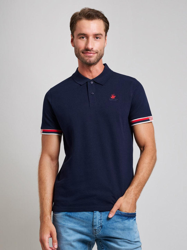 Beverly Hills Polo Club UK-RIBBED SLEEVE MODERN SLIM FIT POLO SHIRT DARK NAVY
