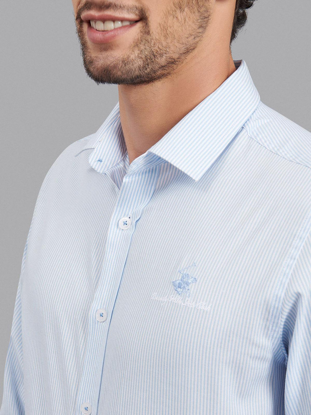 Beverly Hills Polo Club UK-SIGNATURE FORMAL STRIPE SHIRT POWDER BLUE WHITE