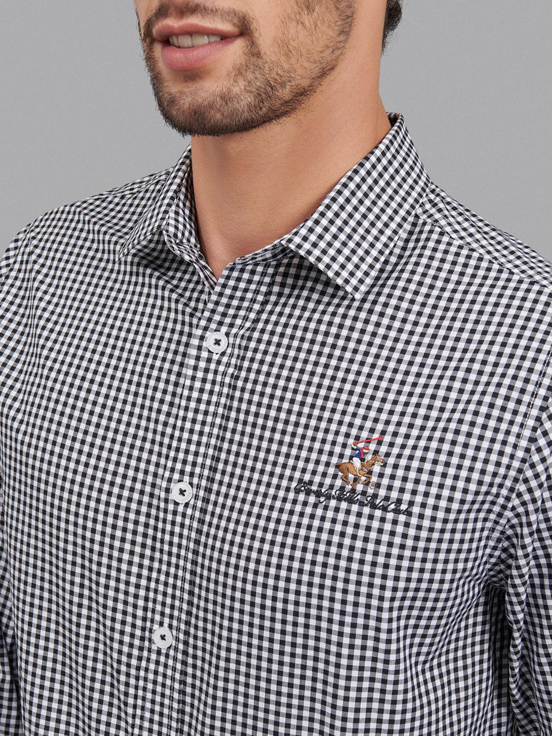 Beverly Hills Polo Club UK-SIGNATURE GINGHAM CHECK CASUAL SHIRT BLACK WHITE