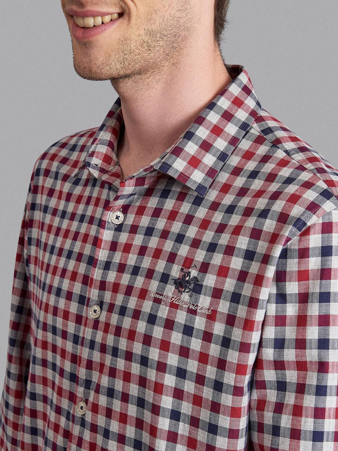 Beverly Hills Polo Club UK-SIGNATURE GINGHAM CHECK CASUAL SHIRT HEATHER GREY