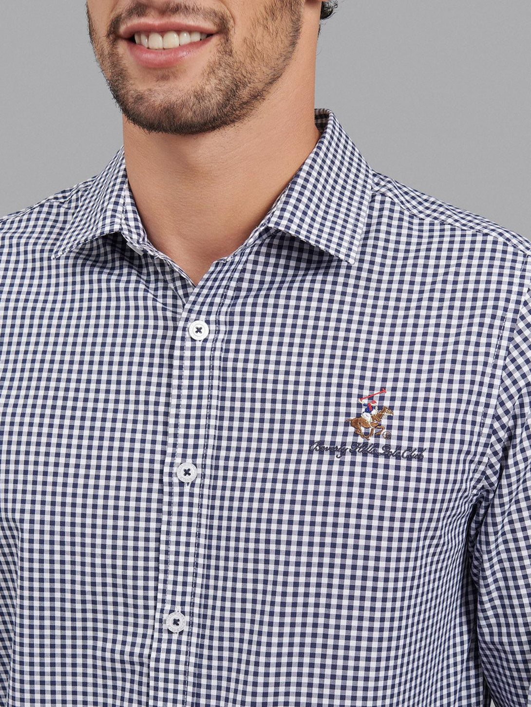 Beverly Hills Polo Club UK-SIGNATURE GINGHAM CHECK CASUAL SHIRT NAVY WHITE