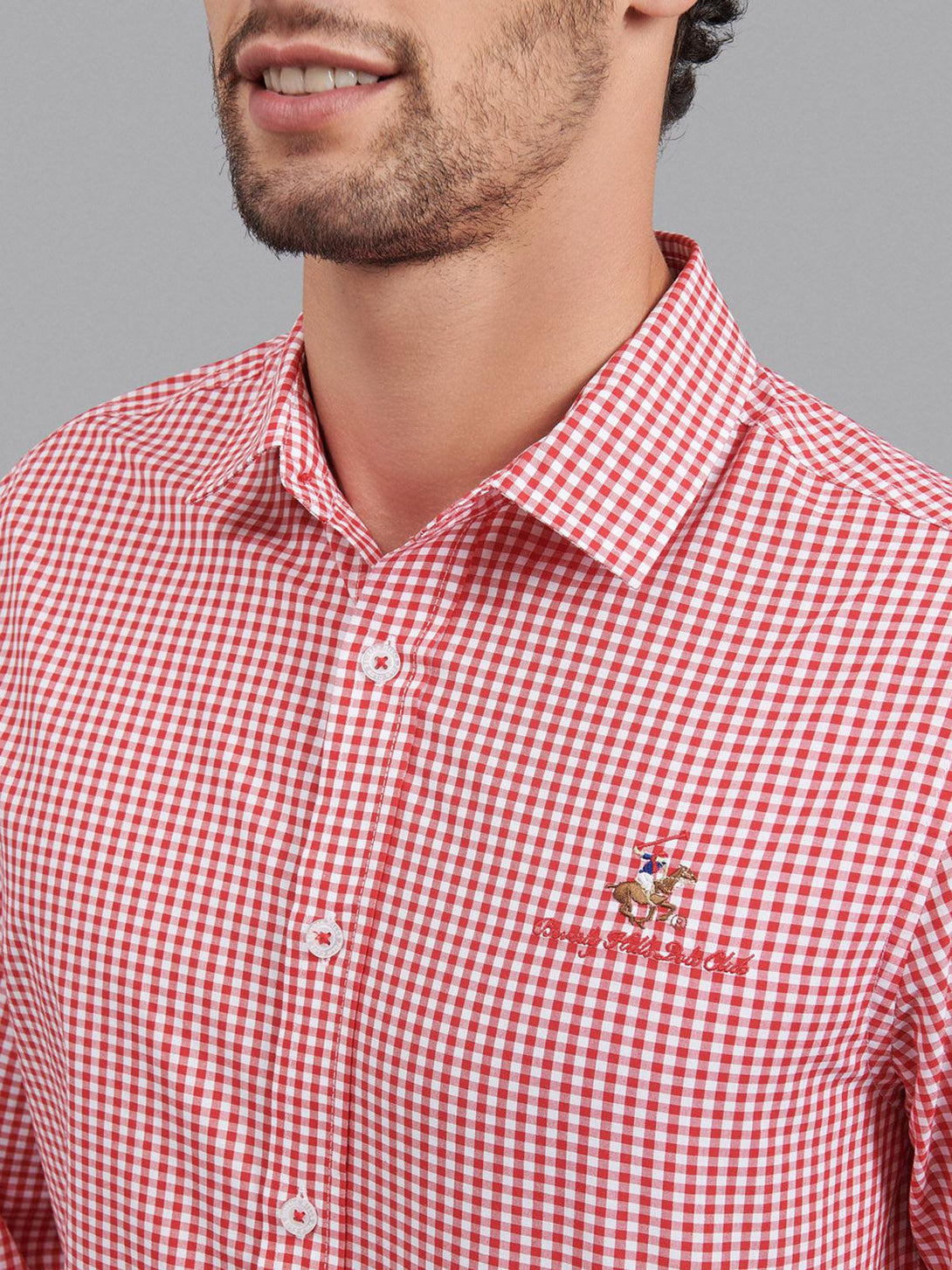 Beverly Hills Polo Club UK-SIGNATURE GINGHAM CHECK CASUAL SHIRT RED WHITE