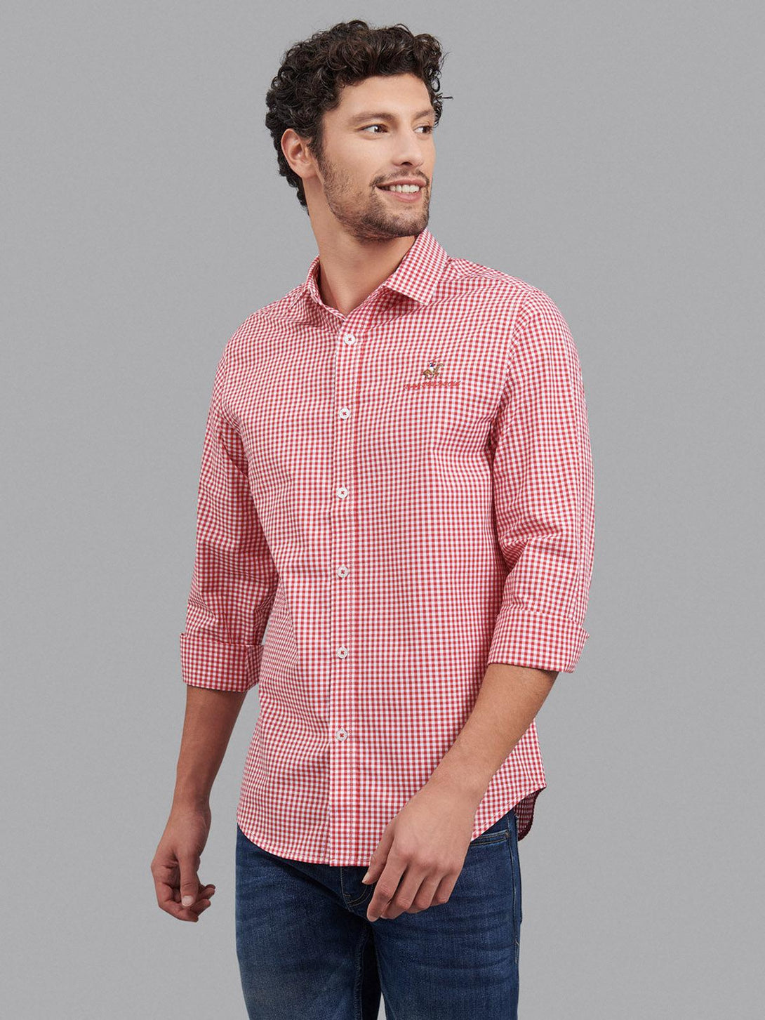 Beverly Hills Polo Club UK-SIGNATURE GINGHAM CHECK CASUAL SHIRT RED WHITE