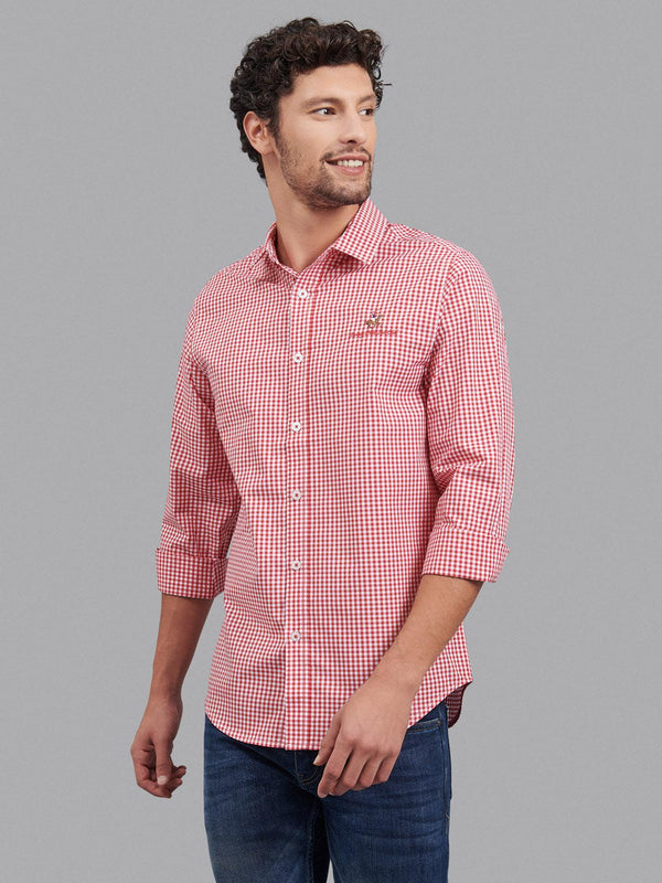 Beverly Hills Polo Club UK-SIGNATURE GINGHAM CHECK CASUAL SHIRT RED WHITE