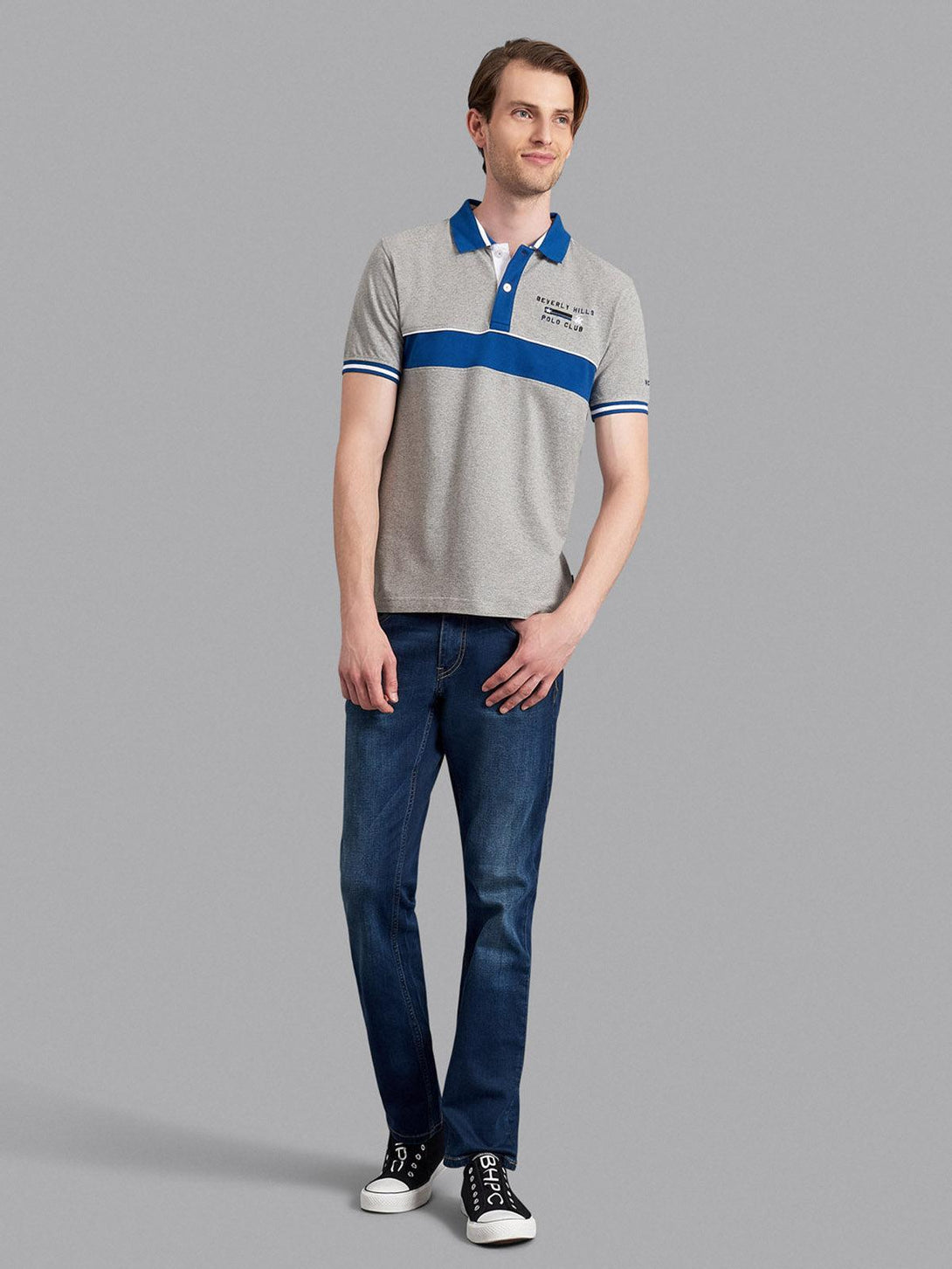 Beverly Hills Polo Club UK-SINCE 82 CONTRAST STRIPE POLO SHIRT HEATHER GREY