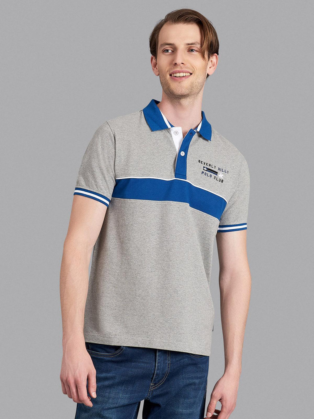 Beverly Hills Polo Club UK-SINCE 82 CONTRAST STRIPE POLO SHIRT HEATHER GREY