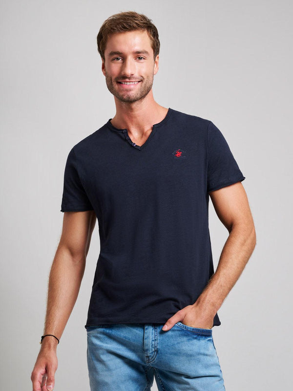 Beverly Hills Polo Club UK-SLUB COTTON HENLEY T-SHIRT DARK NAVY