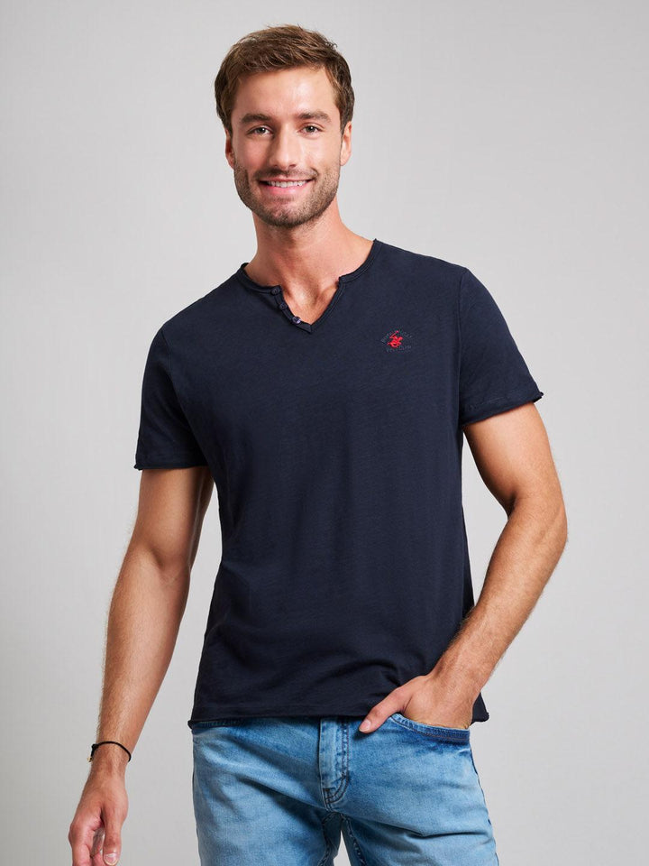 Beverly Hills Polo Club UK-SLUB COTTON HENLEY T-SHIRT DARK NAVY