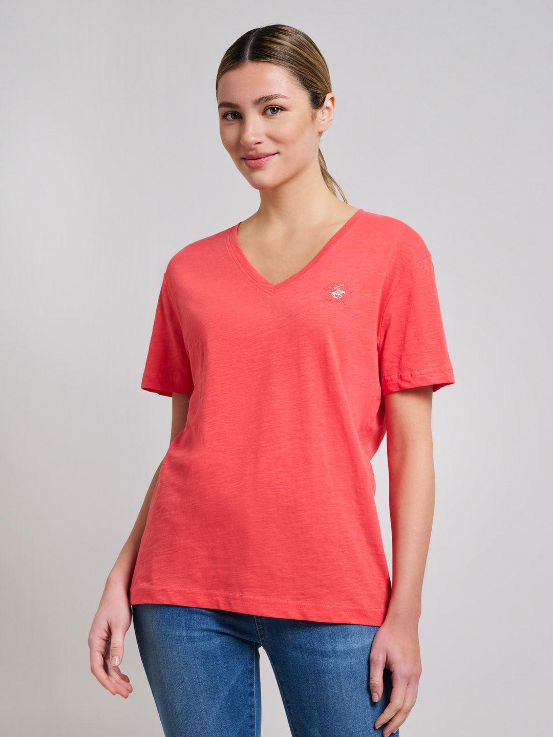 Beverly Hills Polo Club UK-SLUB JERSEY DEEP V T-SHIRT SUNSHINE PEACH