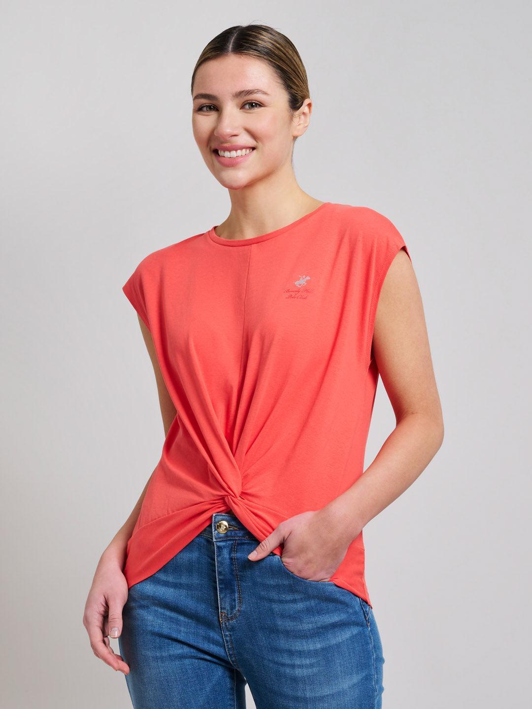 Beverly Hills Polo Club UK-STRETCH COTTON TWISTED FRONT T-SHIRT SUNSHINE PEACH