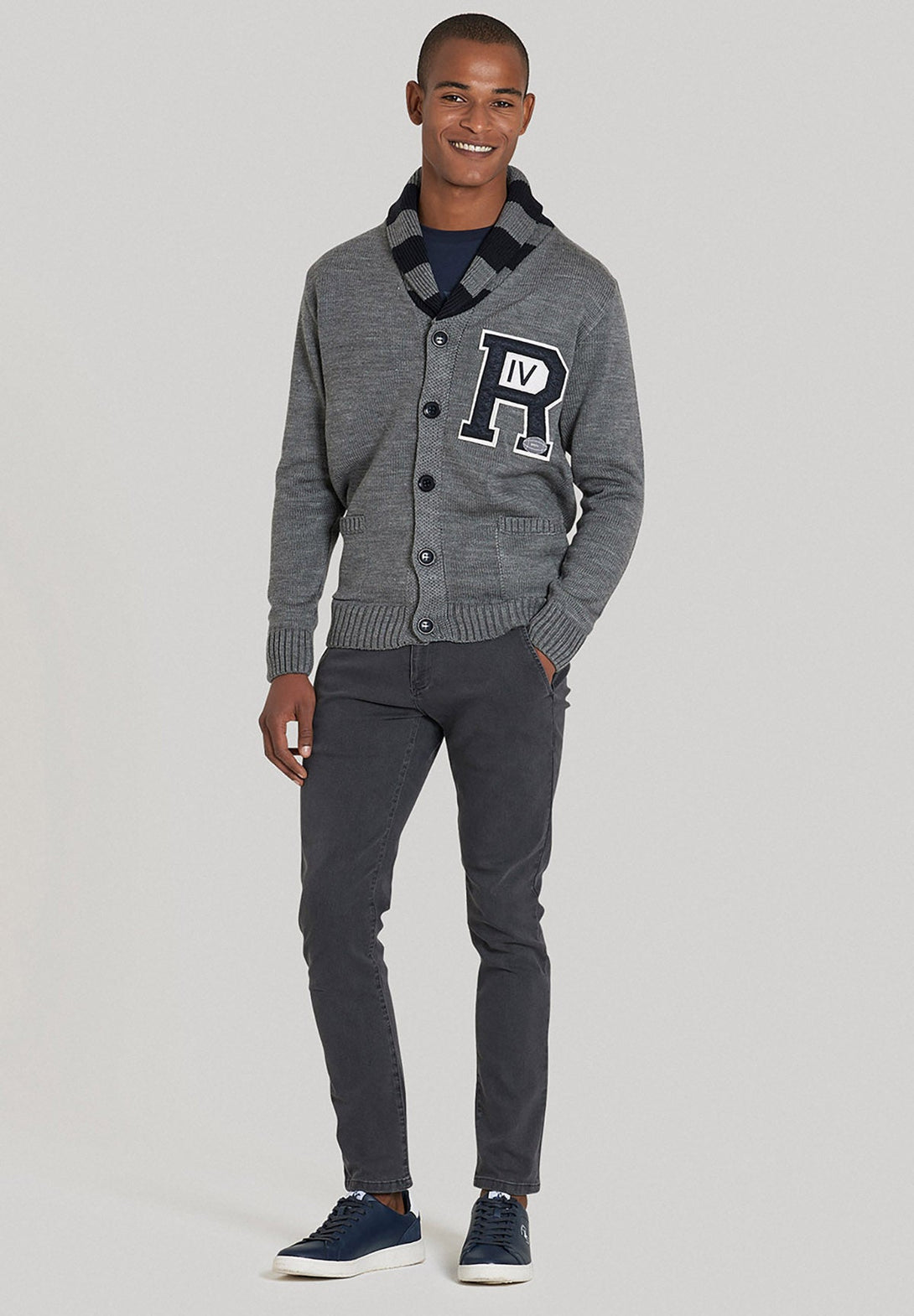 Beverly Hills Polo Club UK-STRIPE COLLAR VARSITY CARDIGAN DARK GREY