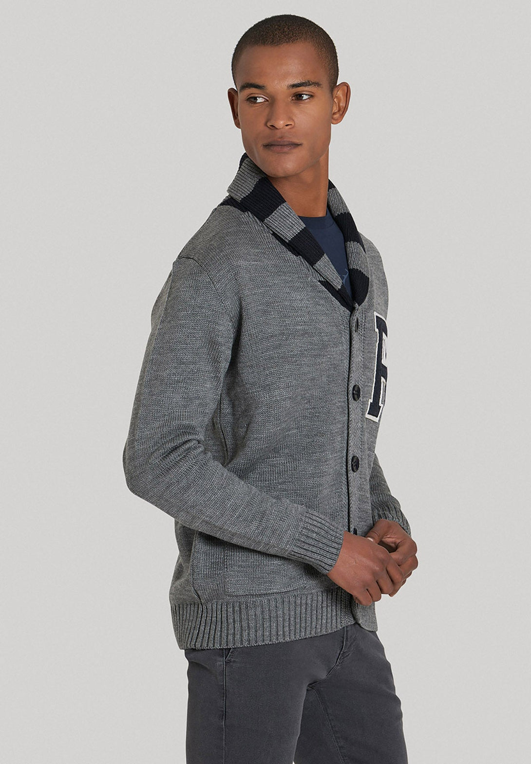 Beverly Hills Polo Club UK-STRIPE COLLAR VARSITY CARDIGAN DARK GREY