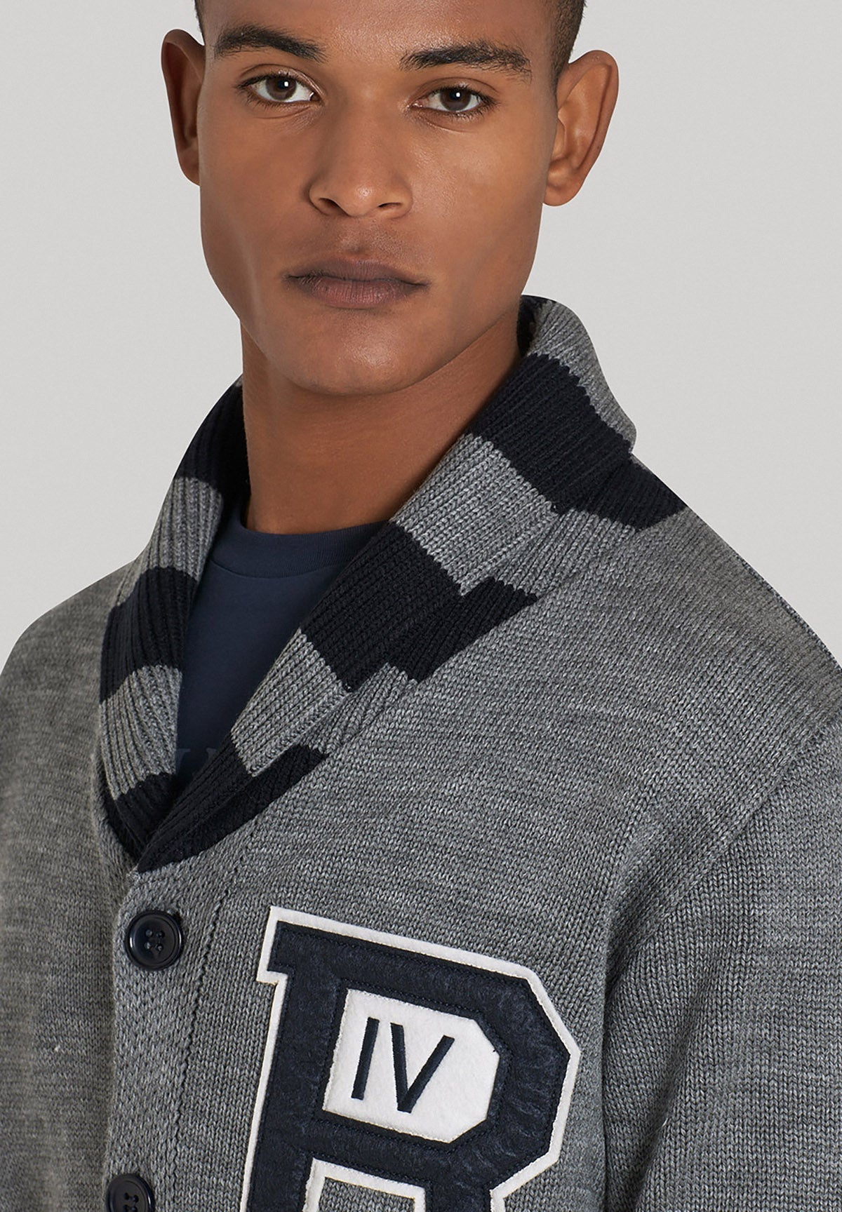 STRIPE COLLAR VARSITY CARDIGAN DARK GREY BEVERLY HILLS POLO CLUB