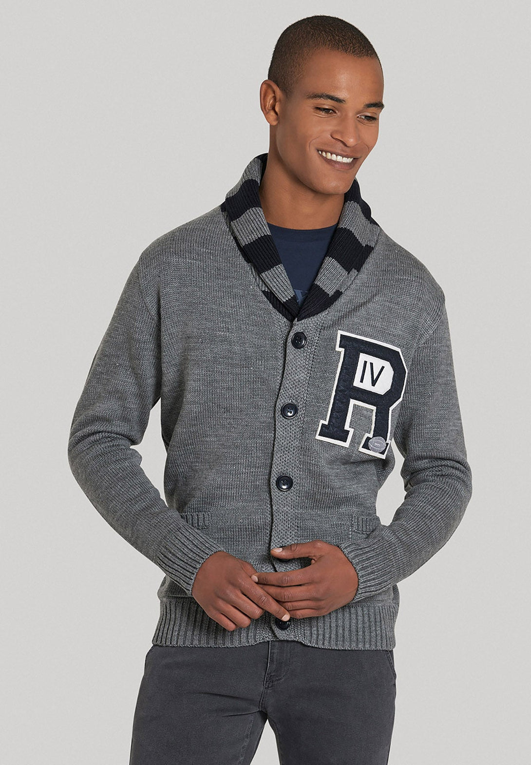 Beverly Hills Polo Club UK-STRIPE COLLAR VARSITY CARDIGAN DARK GREY