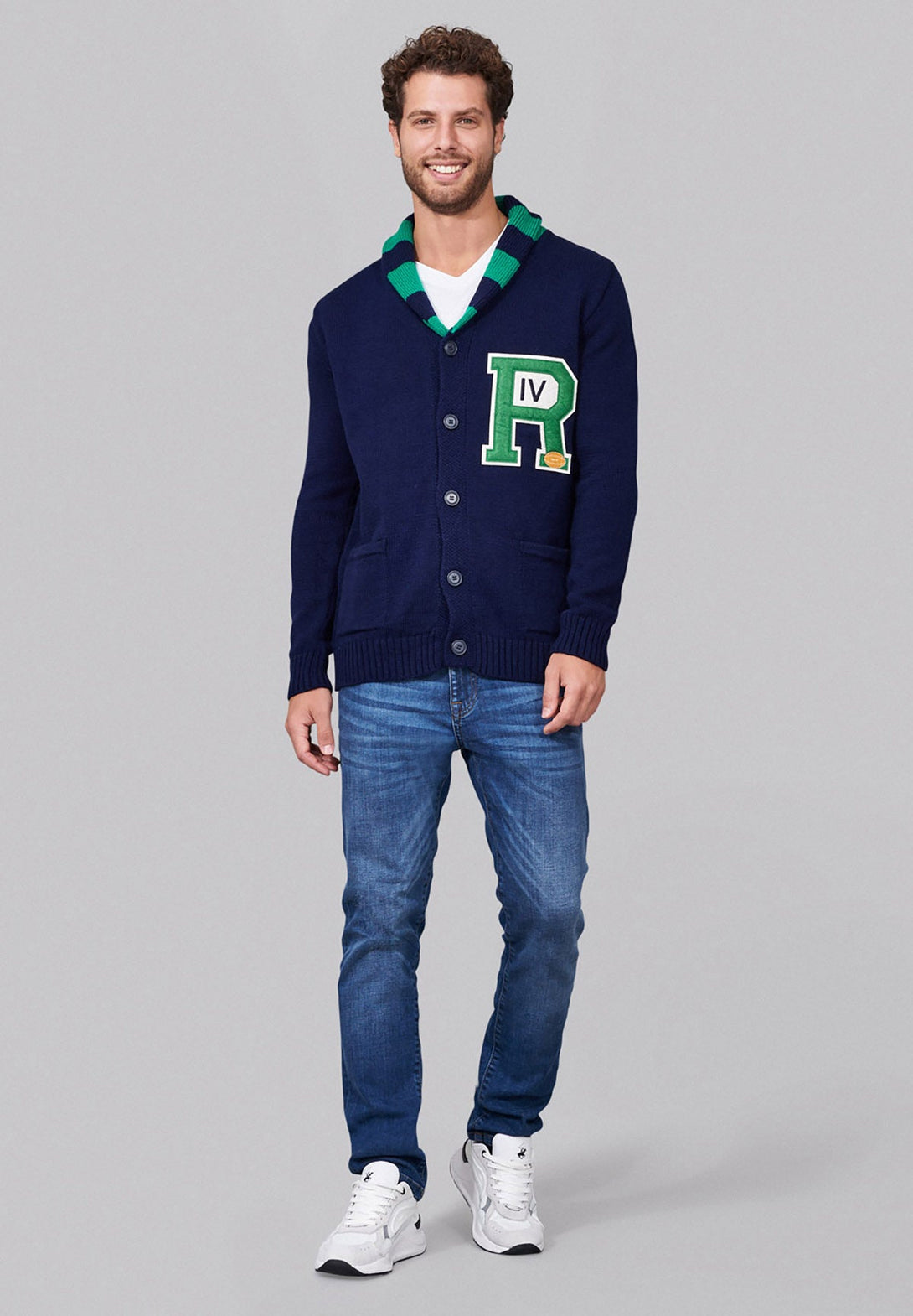 Beverly Hills Polo Club UK-STRIPE COLLAR VARSITY CARDIGAN TRUE NAVY