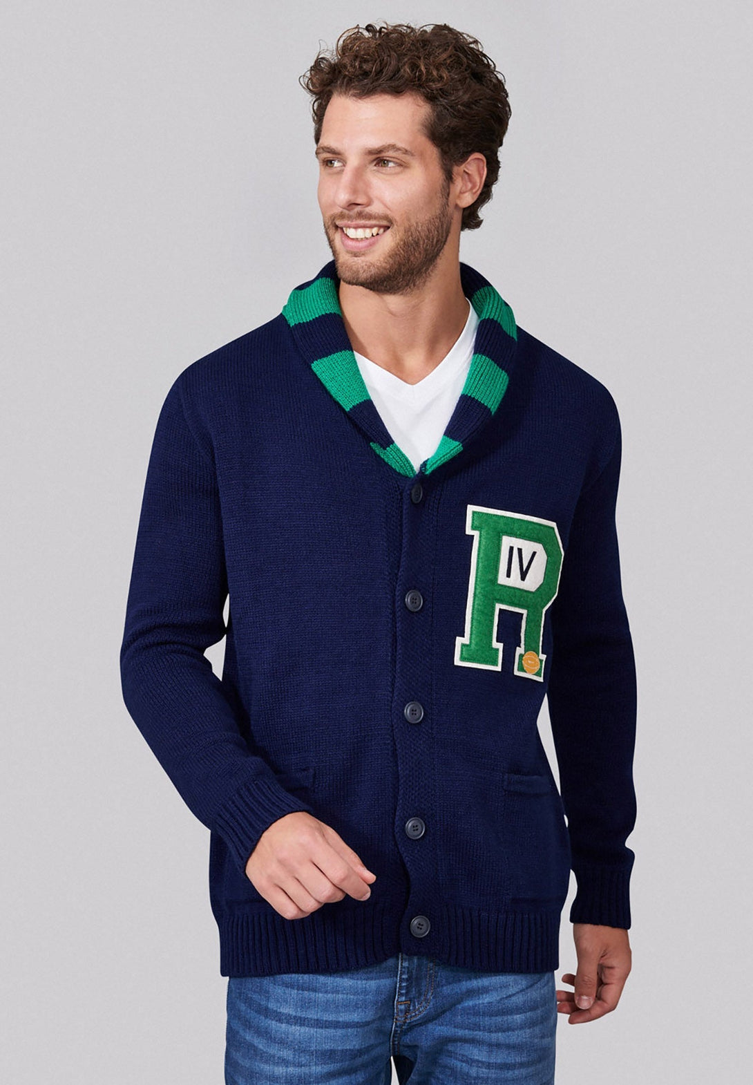 Beverly Hills Polo Club UK-STRIPE COLLAR VARSITY CARDIGAN TRUE NAVY