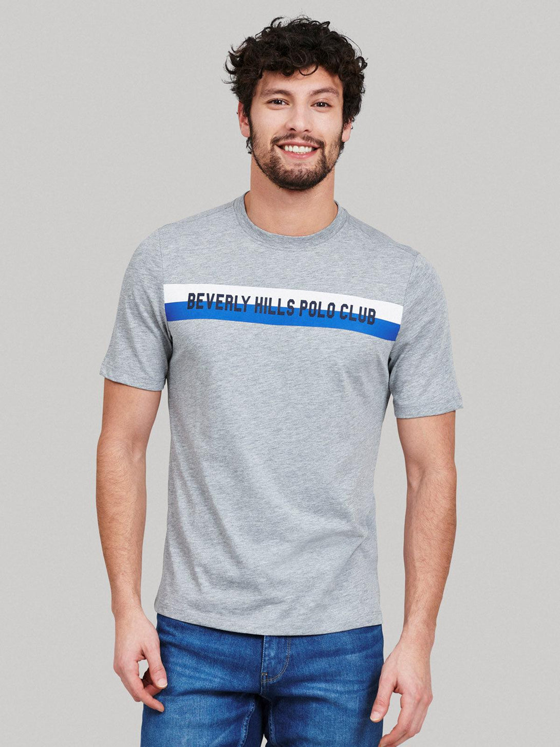 Beverly Hills Polo Club UK-STRIPE LOGO GRAPHIC T-SHIRT HEATHER GREY