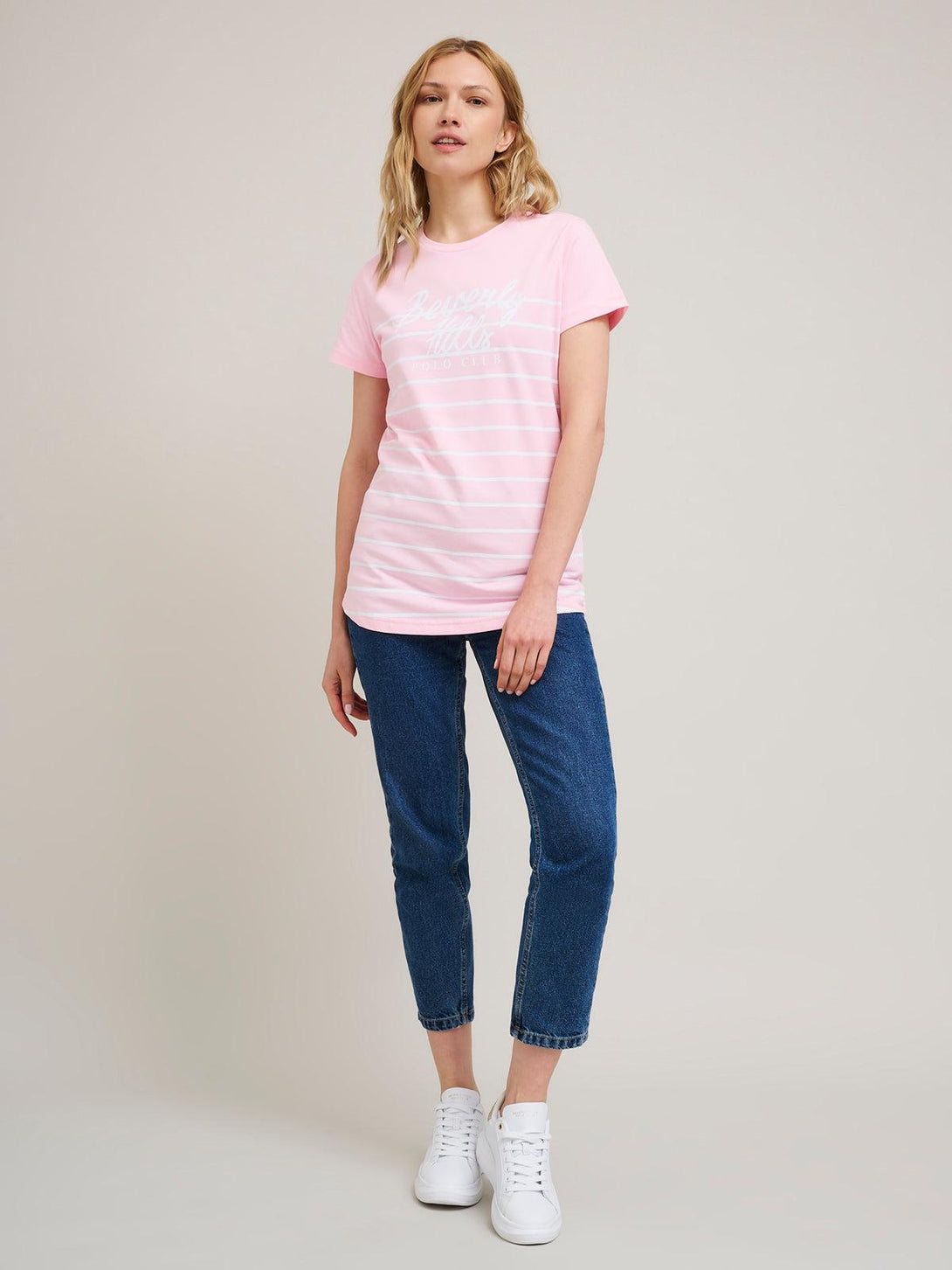 Beverly Hills Polo Club UK-STRIPE PANEL CURVED HEM T-SHIRT PINK