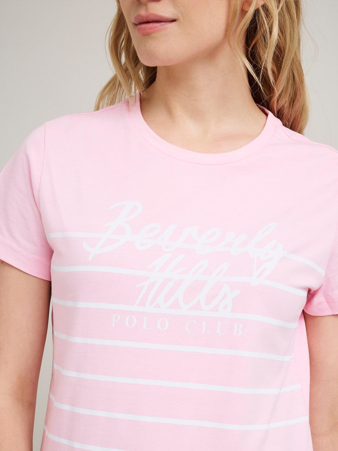 Beverly Hills Polo Club UK-STRIPE PANEL CURVED HEM T-SHIRT PINK