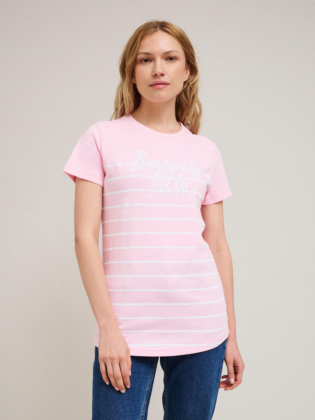 Beverly Hills Polo Club UK-STRIPE PANEL CURVED HEM T-SHIRT PINK