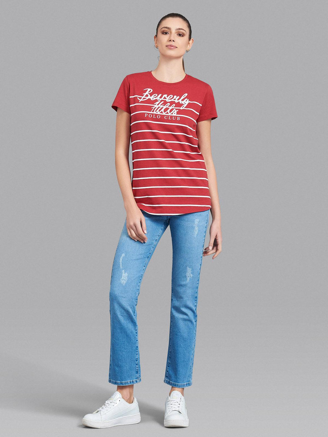 Beverly Hills Polo Club UK-STRIPE PANEL CURVED HEM T-SHIRT RED