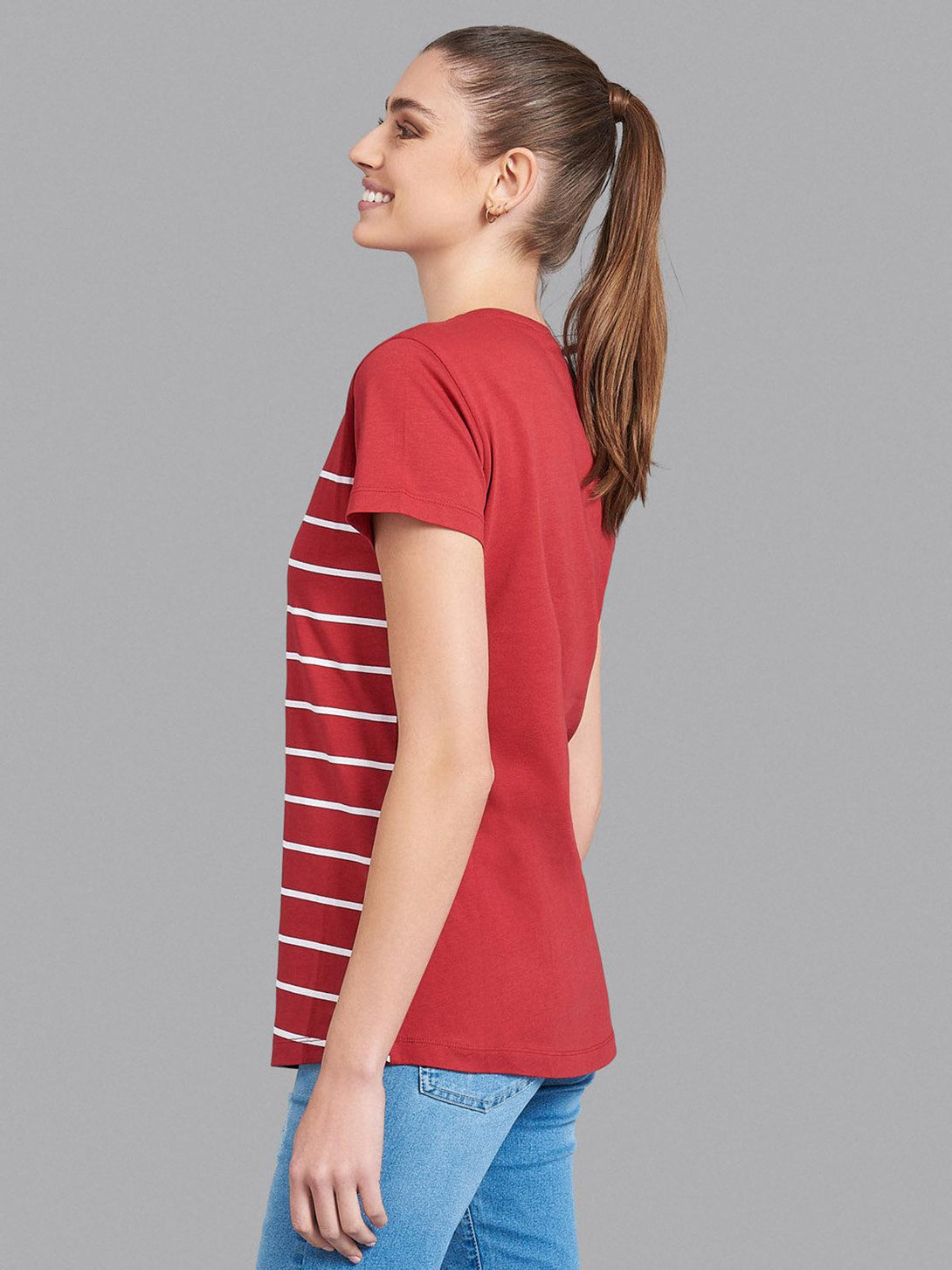 Beverly Hills Polo Club UK-STRIPE PANEL CURVED HEM T-SHIRT RED