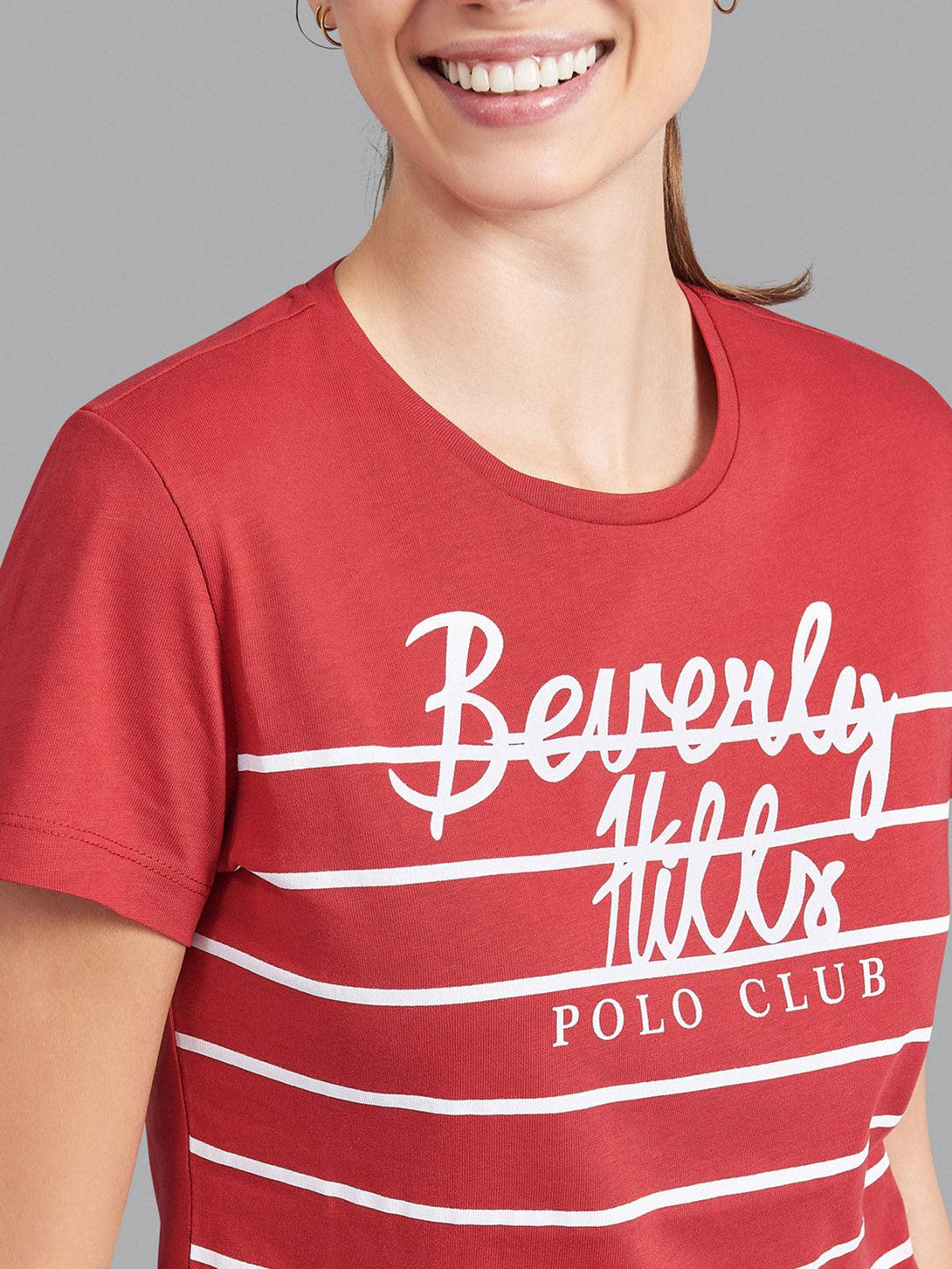 Beverly Hills Polo Club UK-STRIPE PANEL CURVED HEM T-SHIRT RED