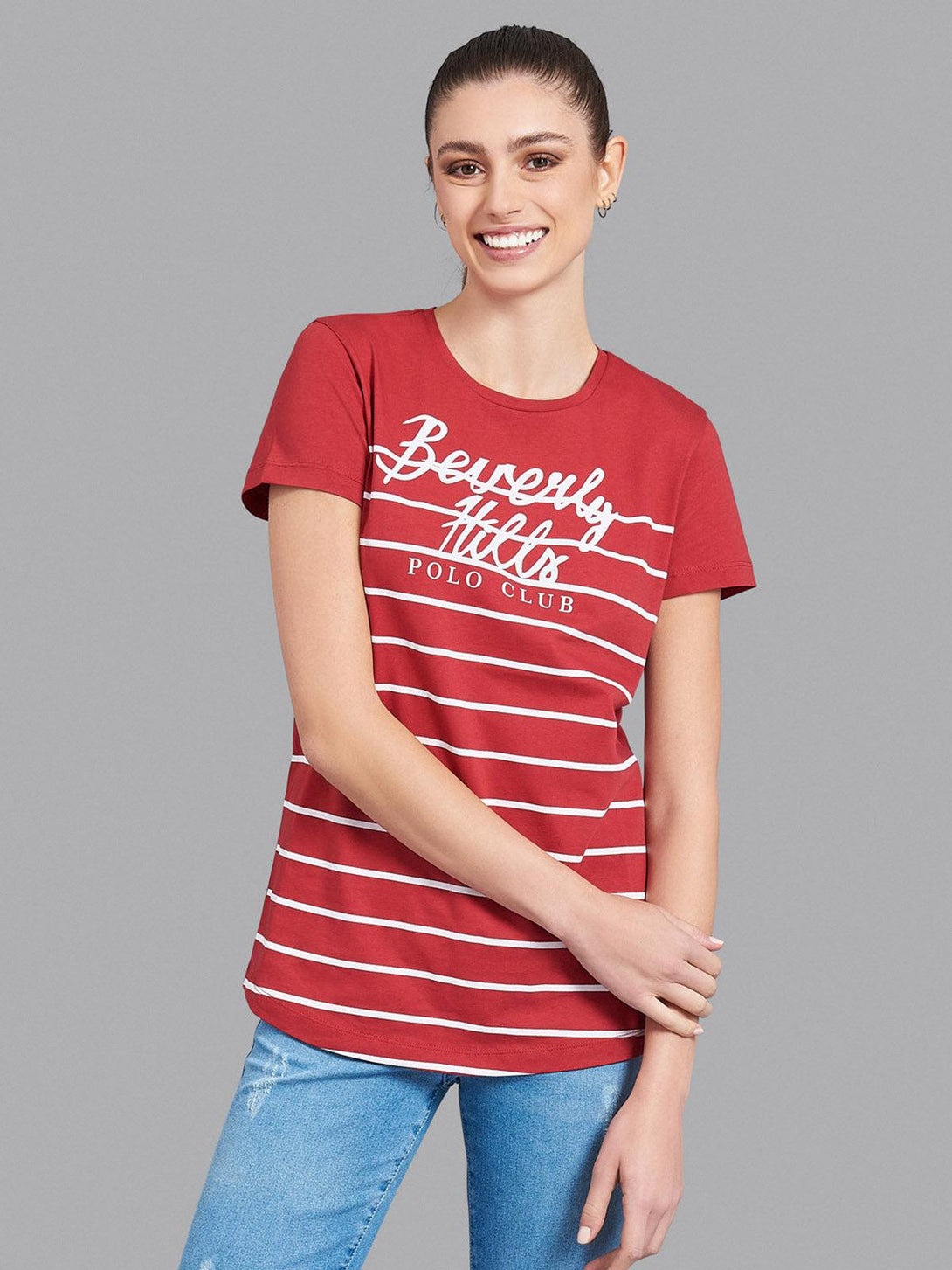 Beverly Hills Polo Club UK-STRIPE PANEL CURVED HEM T-SHIRT RED