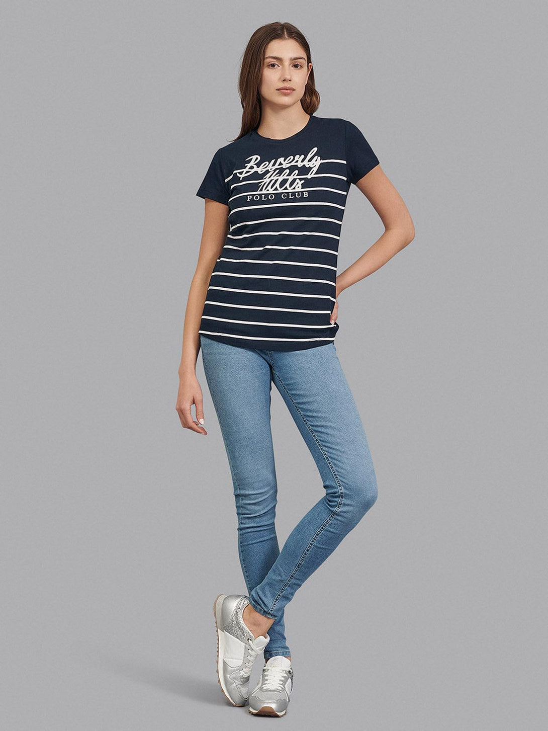 Beverly Hills Polo Club UK-STRIPE PANEL CURVED HEM T-SHIRT TRUE NAVY