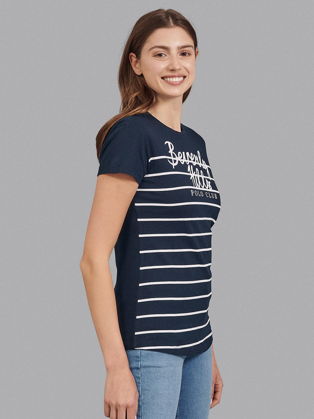 Beverly Hills Polo Club UK-STRIPE PANEL CURVED HEM T-SHIRT TRUE NAVY