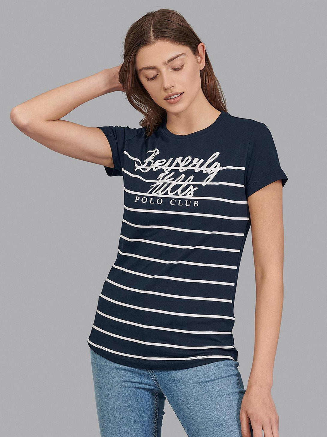 Beverly Hills Polo Club UK-STRIPE PANEL CURVED HEM T-SHIRT TRUE NAVY