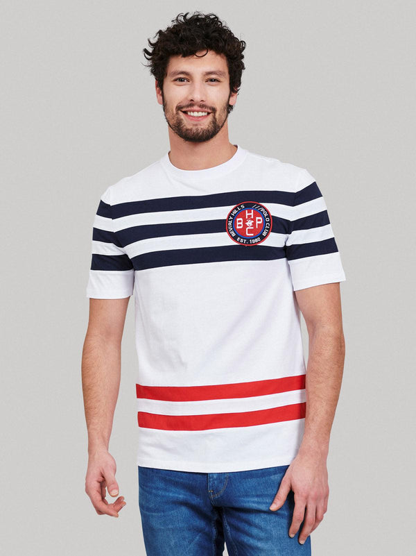 Beverly Hills Polo Club UK-STRIPED BHPC CIRCLE CREST LOGO T-SHIRT WHITE