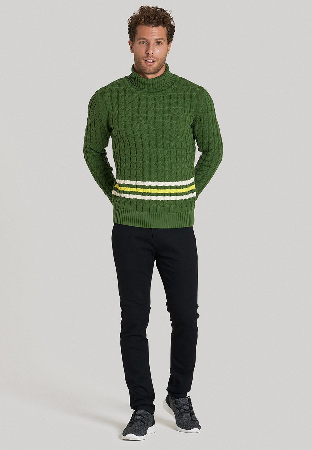 Beverly Hills Polo Club UK-STRIPED CABLE KNIT ROLL NECK KNIT MILITARY GREEN