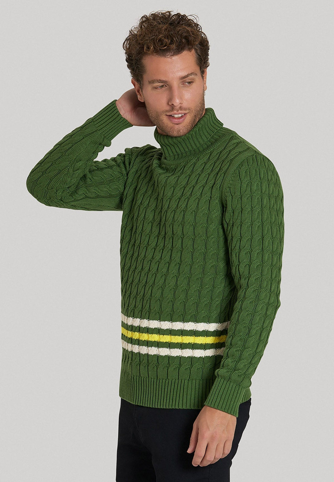 Beverly Hills Polo Club UK-STRIPED CABLE KNIT ROLL NECK KNIT MILITARY GREEN