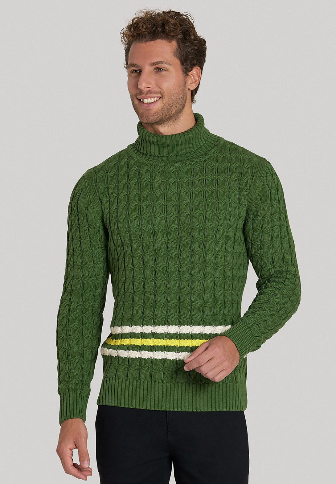 Beverly Hills Polo Club UK-STRIPED CABLE KNIT ROLL NECK KNIT MILITARY GREEN