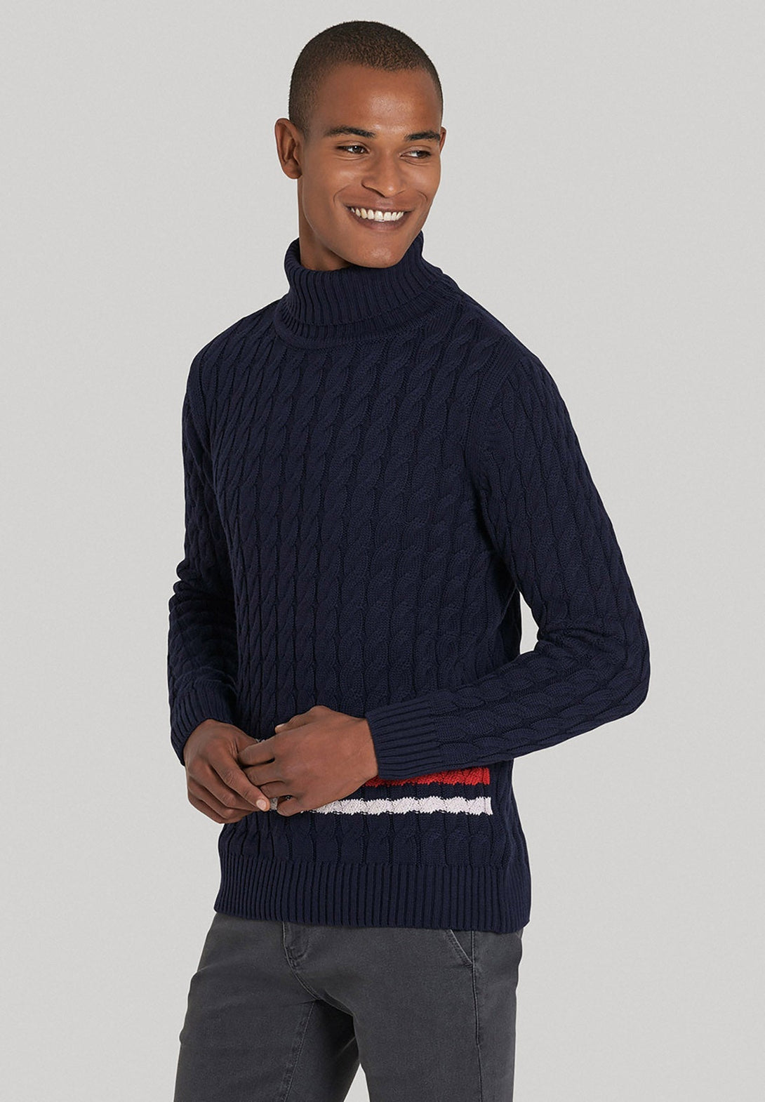 Beverly Hills Polo Club UK-STRIPED CABLE KNIT ROLL NECK KNIT TRUE NAVY