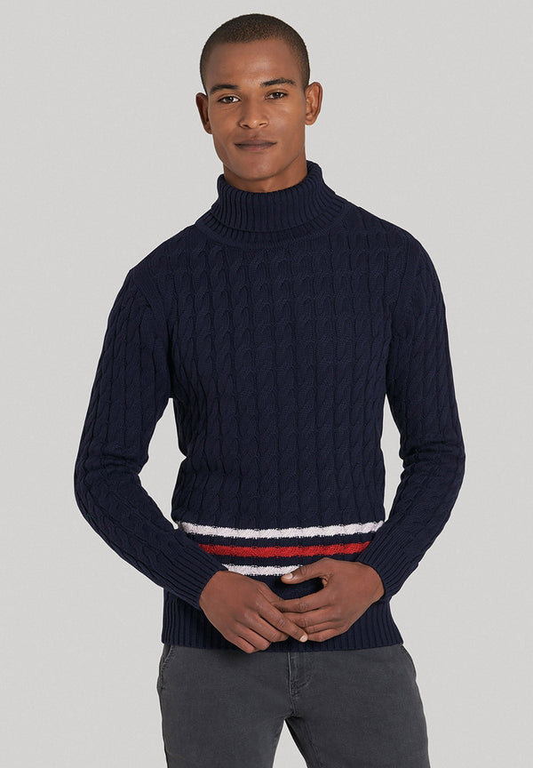 Beverly Hills Polo Club UK-STRIPED CABLE KNIT ROLL NECK KNIT TRUE NAVY